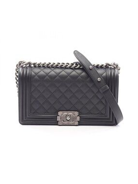 Chanel Shoulder Bag Boy Antique Silver Black Lambskin Boy Chain